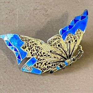Vermeil vintage filigree and blue enamel delicate butterfly pin